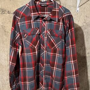 The North Face Red and Gray Plaid Casual Button Down Shirt